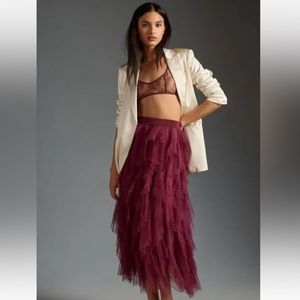 🆕 NWT The Chéri Ruffled Tulle Midi Skirt by Anthropologie Wine XL